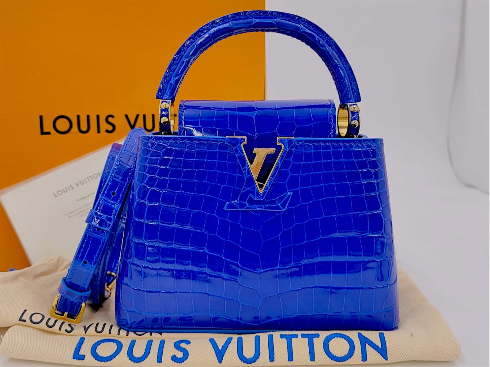 Louis Vuitton Capucines Mini Handbag in Electric Blue Shiny Crocodilian Leather with Box (1 of 10)