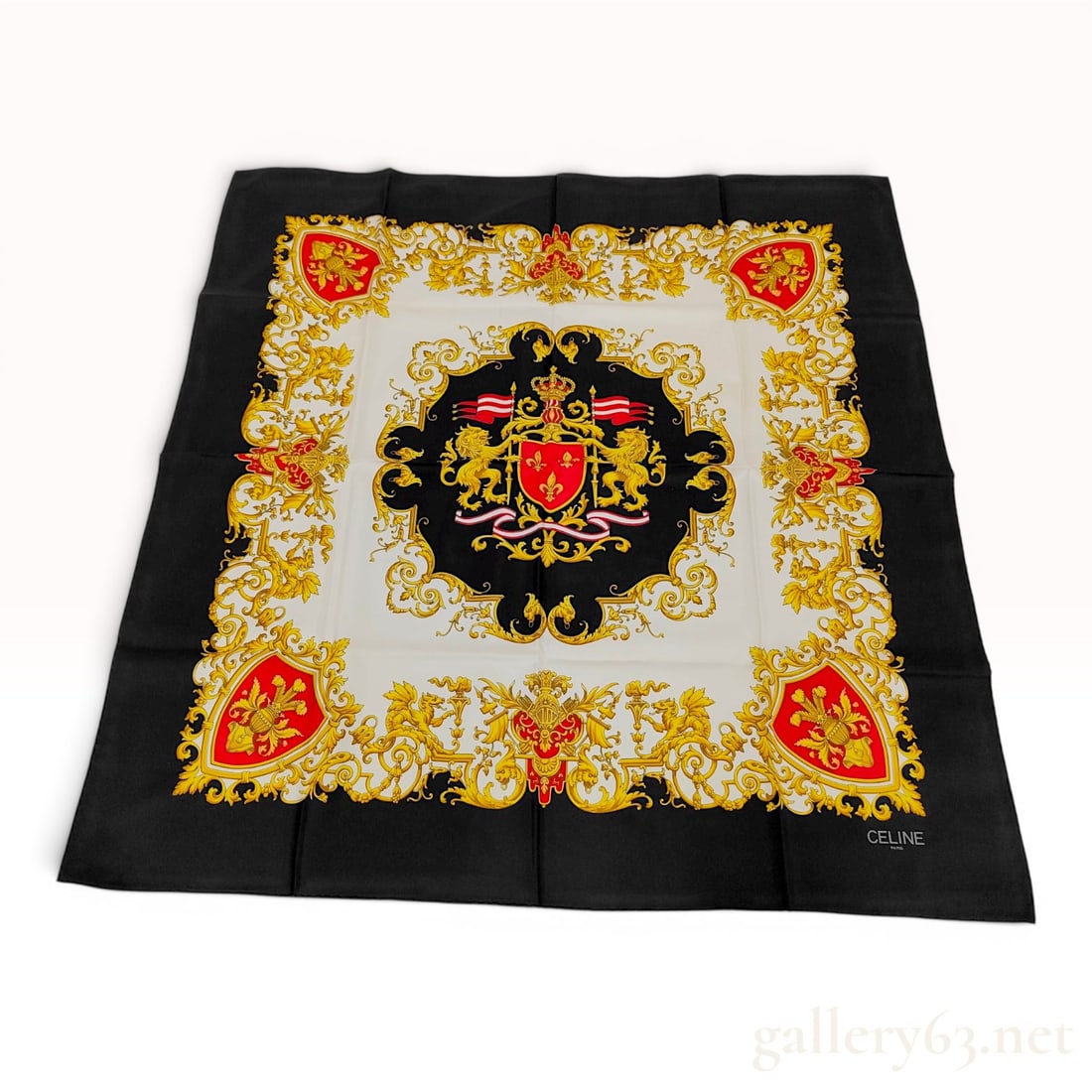 Celine Paris Vintage Heraldic Crest Silk Twill Scarf: A vintage square silk twill scarf by Celine Paris featuring an elaborate heraldic and Baroque-style design. The composition centers on a heraldic crest with a red shield containing three gold fleur-de