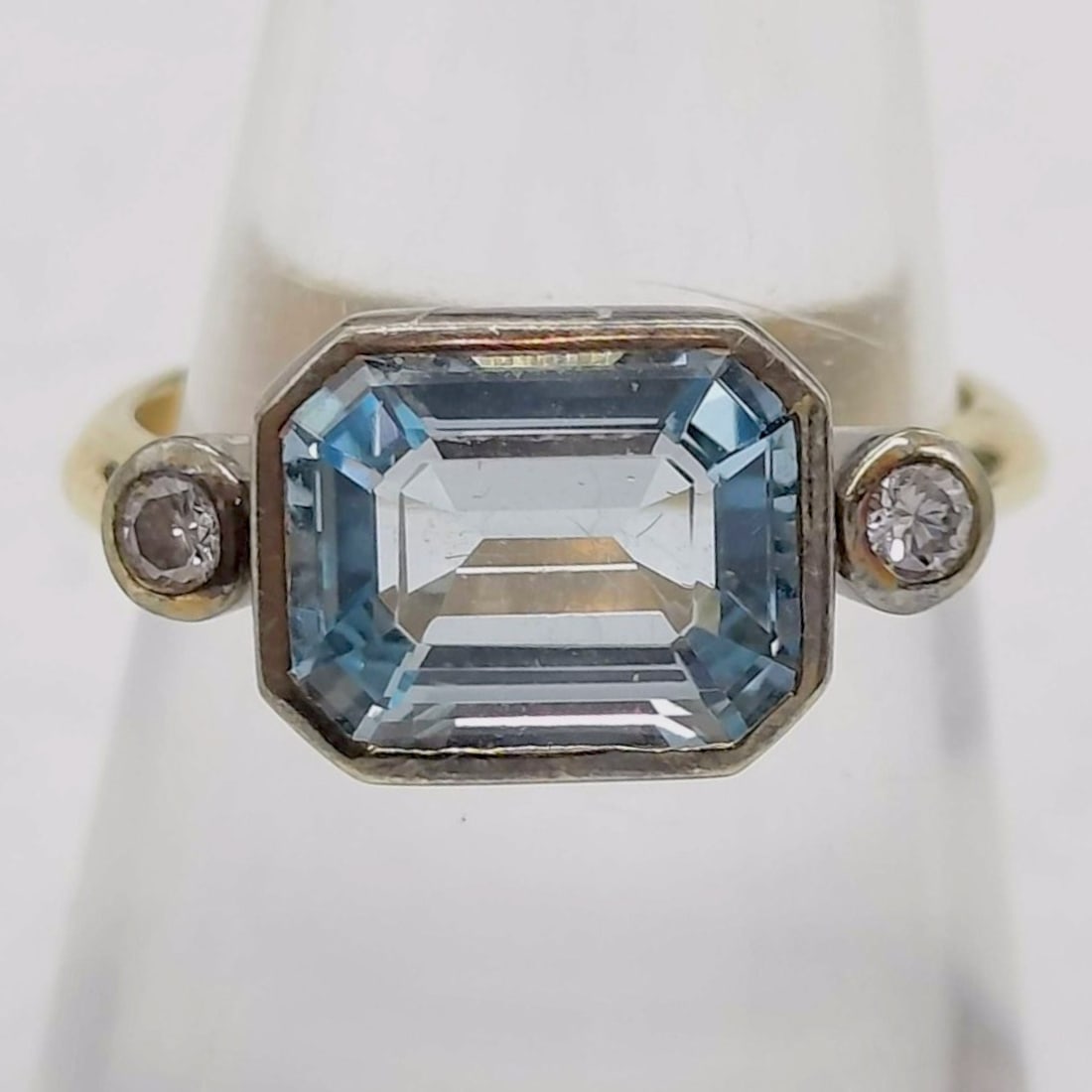 Vintage 9 Karat Two-Tone Gold Aquamarine and Diamond Three-Stone Ring (1 of 8)