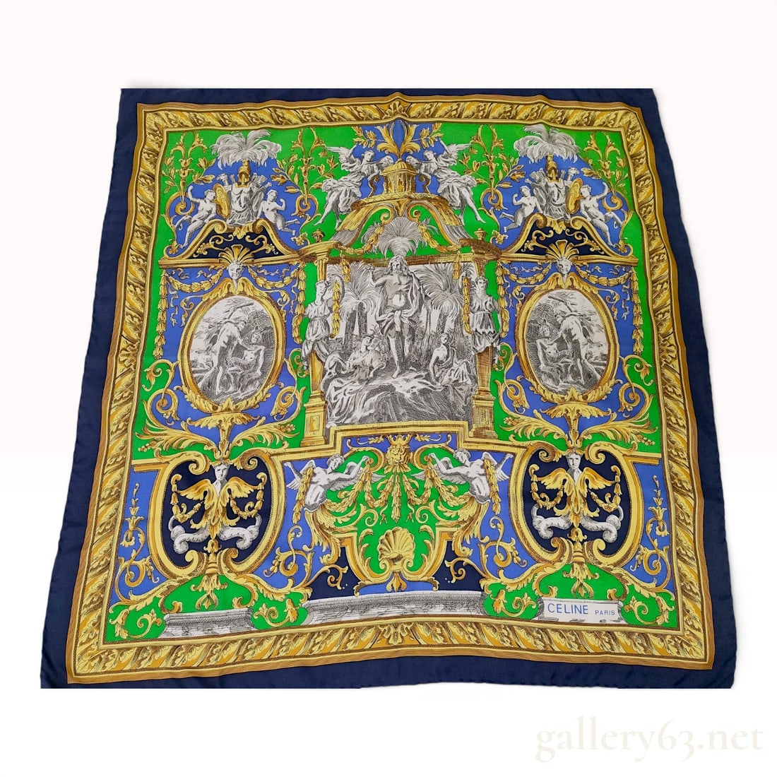 Celine Paris Silk Scarf with Neoclassical Pattern: This silk scarf by Celine features an elaborate Neoclassical and Baroque-style print. The central design depicts a classical pavilion with figures, flanked by oval vignettes containing monochromatic f