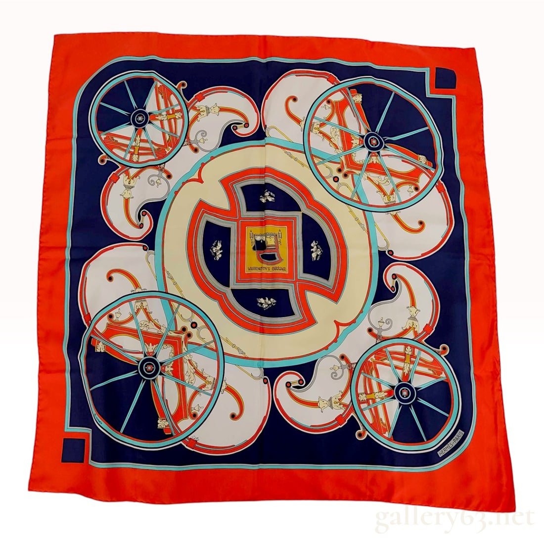 Hermes Washington's Carriage Silk Twill Carre 90 Scarf with Box: Hermes silk scarf, titled Washington's Carriage, was designed by artist Caty Latham and first issued in 1978. The scarf is constructed from silk twill with hand-rolled edges. The design features a cen