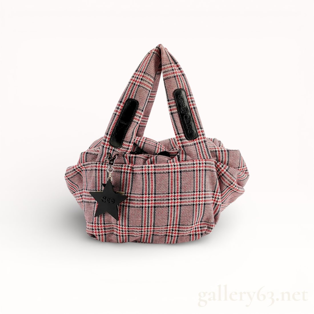 See by Chloe Joy Rider Puffed Tote Bag in Plaid Knit: See by Chloe Joy Rider style puffed tote bag featuring a red, white, and navy blue houndstooth plaid knit exterior. The design includes integrated top handles with black leather brand patches, a black