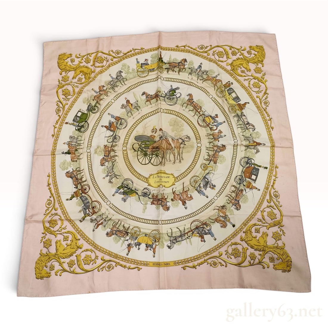 Hermes La Promenade de Longchamps Silk Scarf by Philippe Ledoux: A vintage Hermes silk twill carre (square scarf) in the La Promenade de Longchamps pattern, originally designed by Philippe Ledoux in 1965. The composition features a central circular medallion surrou