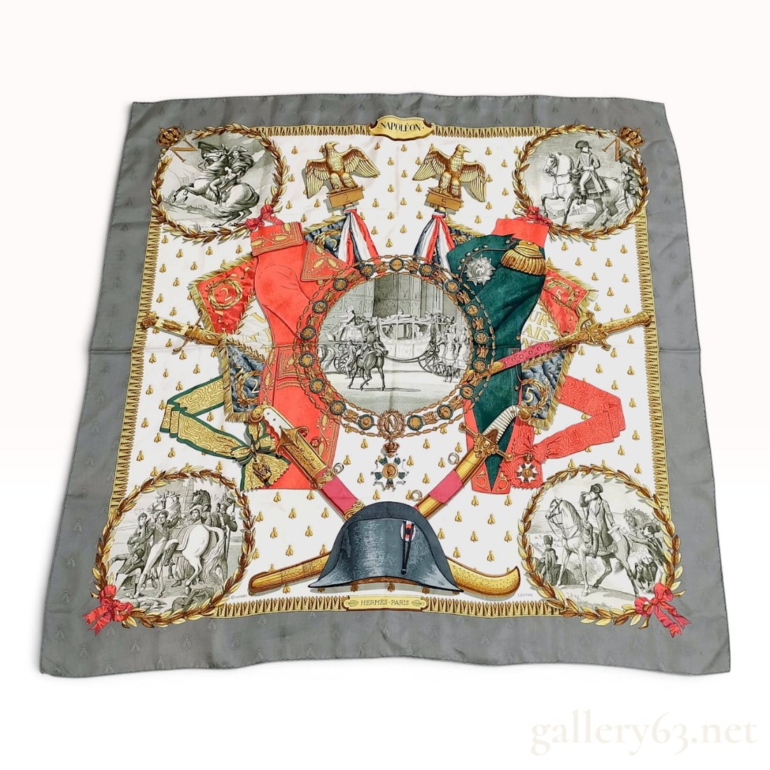 Hermes Silk Jacquard Carre 90 Napoleon Scarf by Philippe Ledoux: This Hermes silk scarf features the Napoleon pattern designed by artist Philippe Ledoux, first issued in 1963. The scarf is a Carre 90, constructed from 100% silk twill with a distinctive jacquard bee