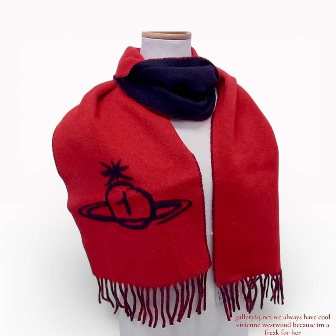 Vivienne Westwood Red and Navy Double Face Single Orb Wool Scarf: Vivienne Westwood double face wool blend scarf featuring a large intarsia orb logo. The reversible design is constructed from 80 percent wool and 20 percent polyamide in a red and navy blue colorway w