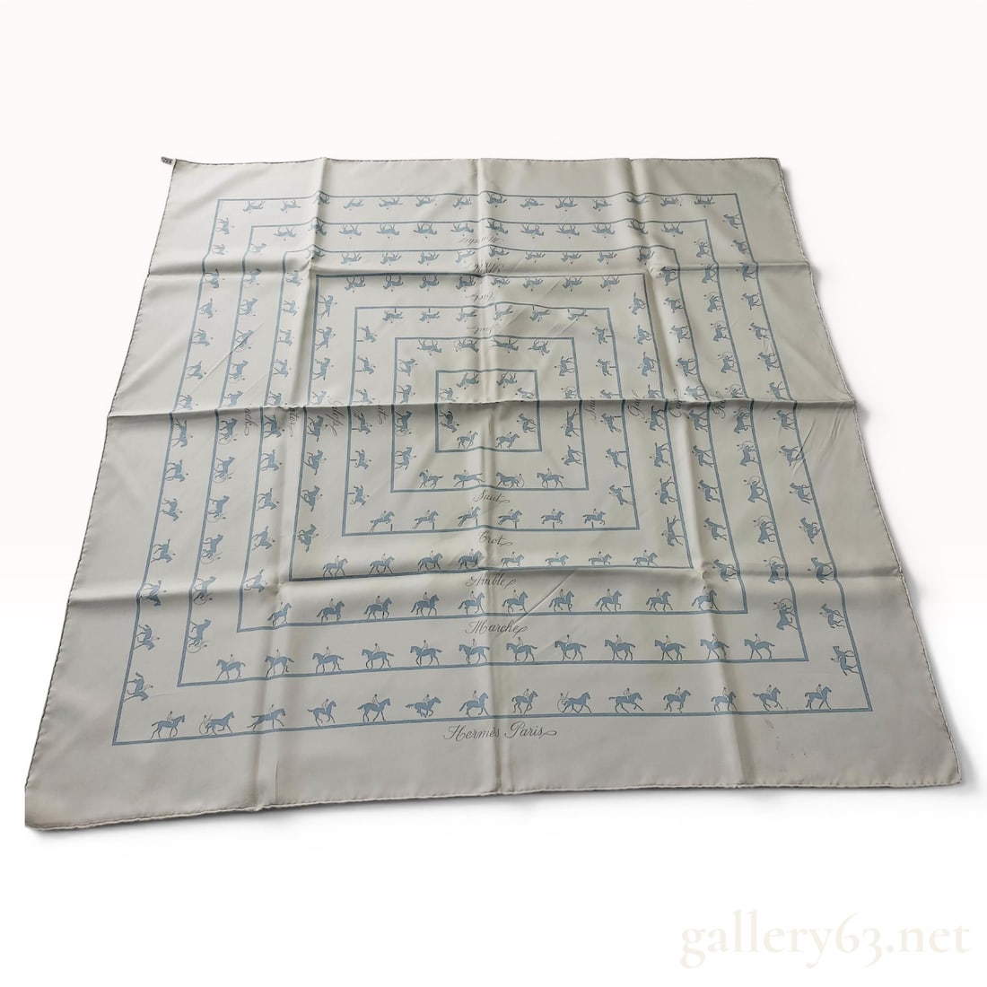Hermes Paris Les Allures Silk Scarf by Philippe Ledoux: Hermes carre featuring the Les Allures pattern designed by Philippe Ledoux. The design displays concentric square borders that illustrate horses and riders performing various equestrian gaits and disc