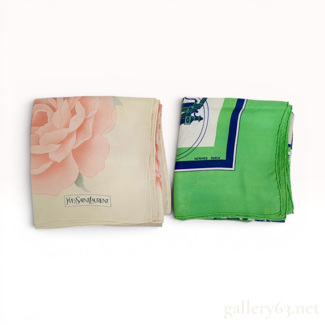 Two Designer Silk Scarves, Yves Saint Laurent and Hermes: This lot features an Yves Saint Laurent silk scarf and a Hermes silk pocket square, both with hand-rolled edges. The Yves Saint Laurent scarf displays a large-scale rose motif in peach and coral tones