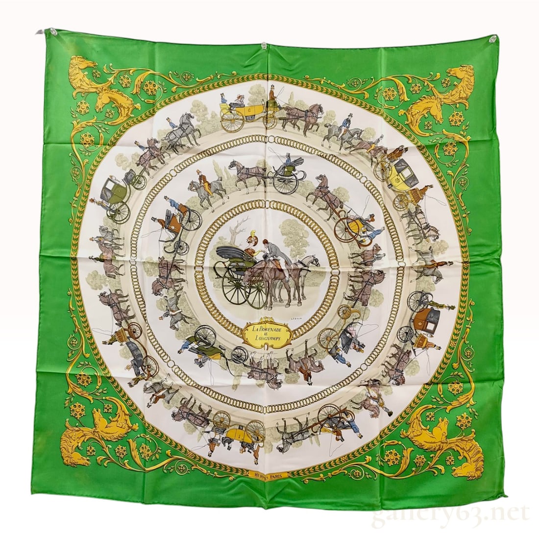 Hermes La Promenade de Longchamps Silk Scarf by Philippe Ledoux: An Hermes Paris silk scarf in the La Promenade de Longchamps pattern, designed by Philippe Ledoux and first issued in 1965. This Carre 90 scarf features a central cream-colored medallion surrounded by