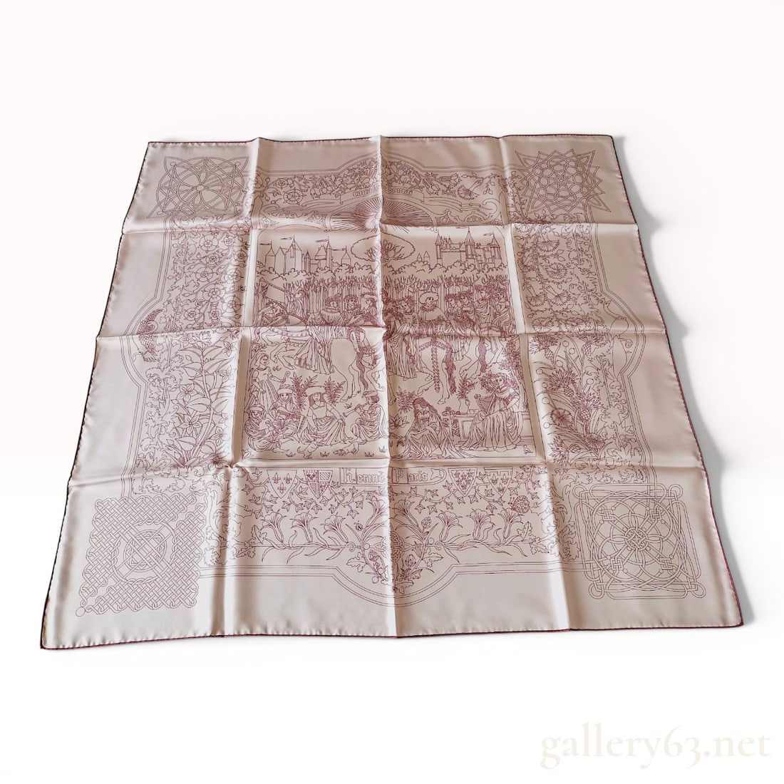 Hermes Cavale de Mai Silk Twill Scarf: This Hermes silk twill scarf features the Cavale de Mai pattern designed by artist Caty Latham. The design consists of a monochromatic burgundy line illustration printed on a pale pink ground. The med