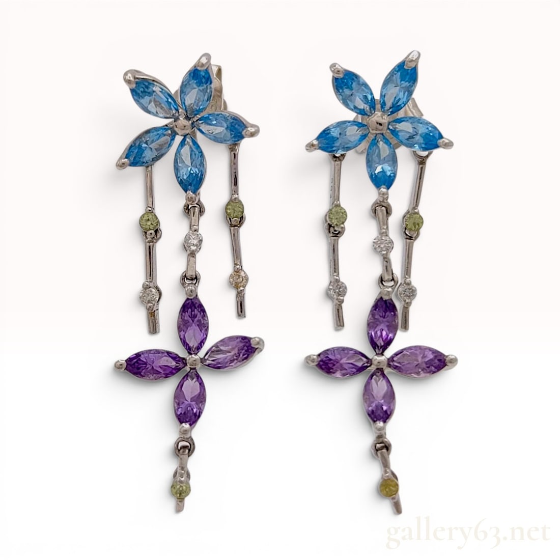 A Pair of 18K White Gold Multi-Gemstone Articulated Drop Earrings (1 of 10)