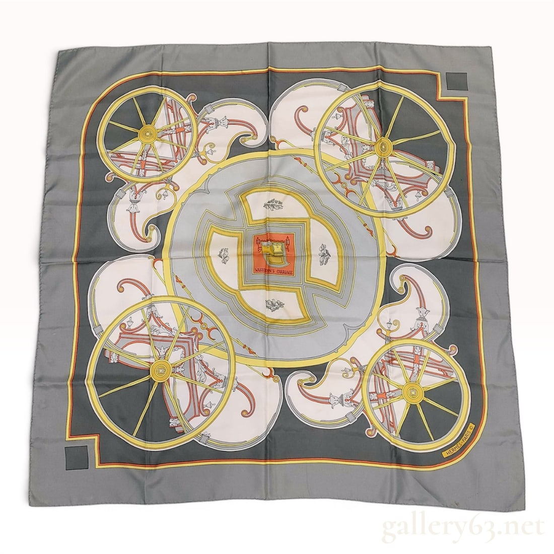 Hermes Washington's Carriage Silk Scarf by Caty Latham: This vintage Hermes silk scarf features the Washington's Carriage pattern, designed by artist Caty Latham and first introduced in 1978. The square scarf is crafted from 100 percent silk and features t