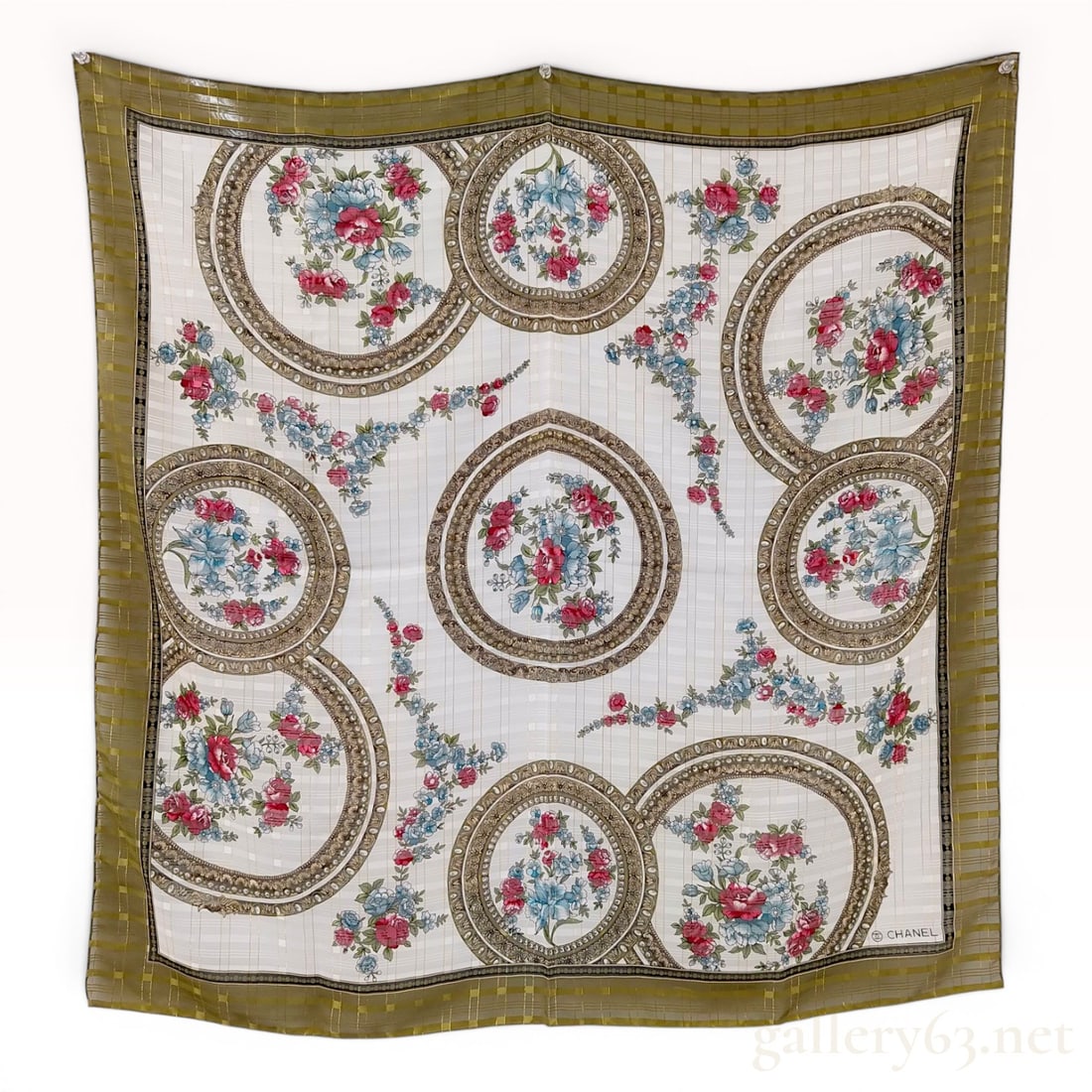 Chanel Floral Medallion Silk Square Scarf: Chanel silk square scarf featuring a floral medallion design and striped border. The ivory field is detailed with vertical gold-tone pinstripes and circular acanthus leaf wreaths containing pink and b