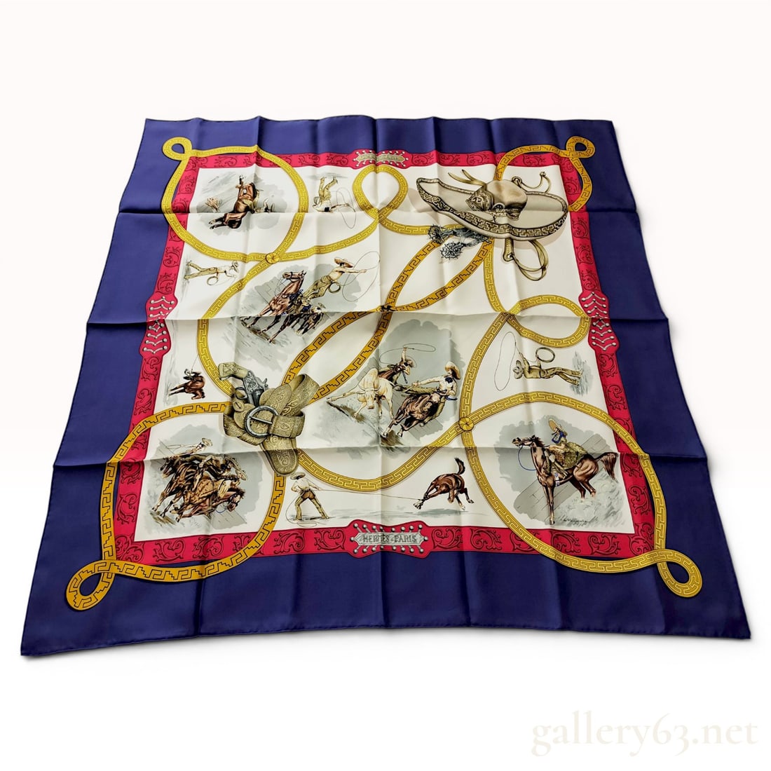Hermes Charreada Silk Scarf: Hermes silk scarf features the Charreada pattern designed by Joachim Metz and first issued in 1987. The design celebrates the Mexican tradition of Charreria, featuring dynamic vignettes of horsemen, o