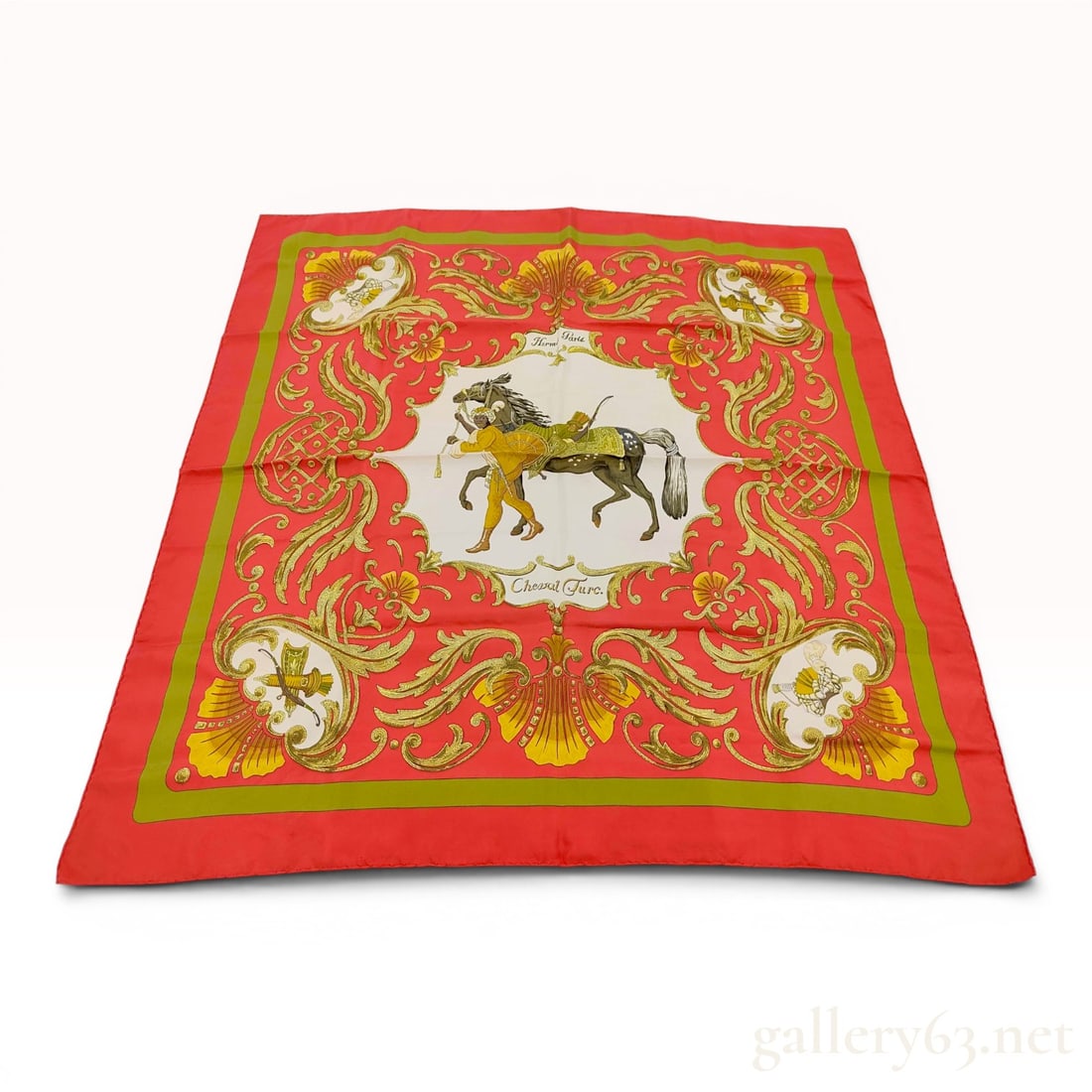 Hermes Cheval Turc Silk Scarf with Box: A vintage Hermes silk scarf featuring the Cheval Turc (Turkish Horse) pattern designed by Christiane Vauzelles. The central motif depicts a groom in traditional Turkish attire leading a caparisoned ho