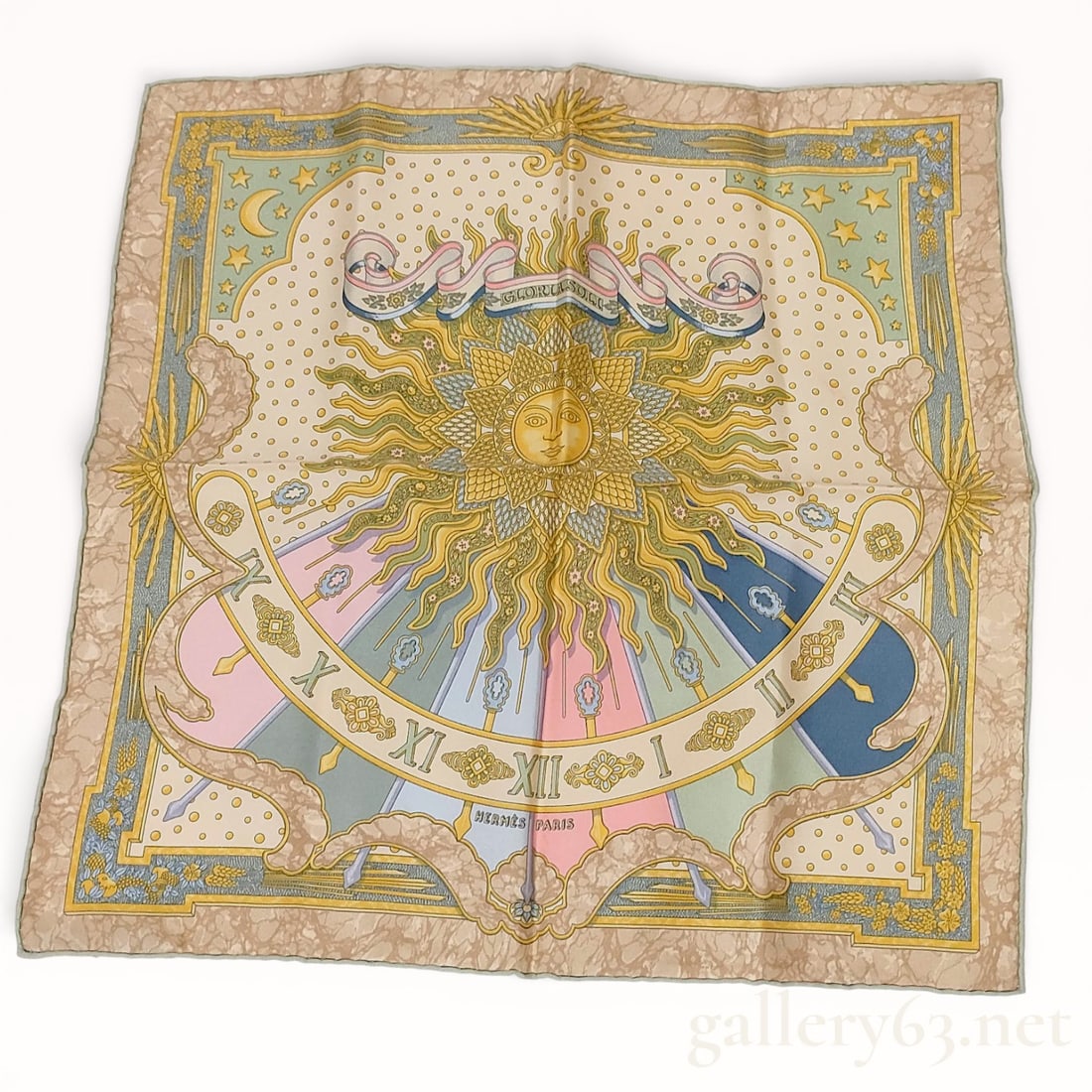 Hermes Carpe Diem Gloria Soli Silk Scarf by Caty Latham: Hermes silk twill scarf in the Carpe Diem pattern, also known as Gloria Soli, designed by artist Caty Latham and originally issued in 1966. The design features a central anthropomorphic sun motif and 