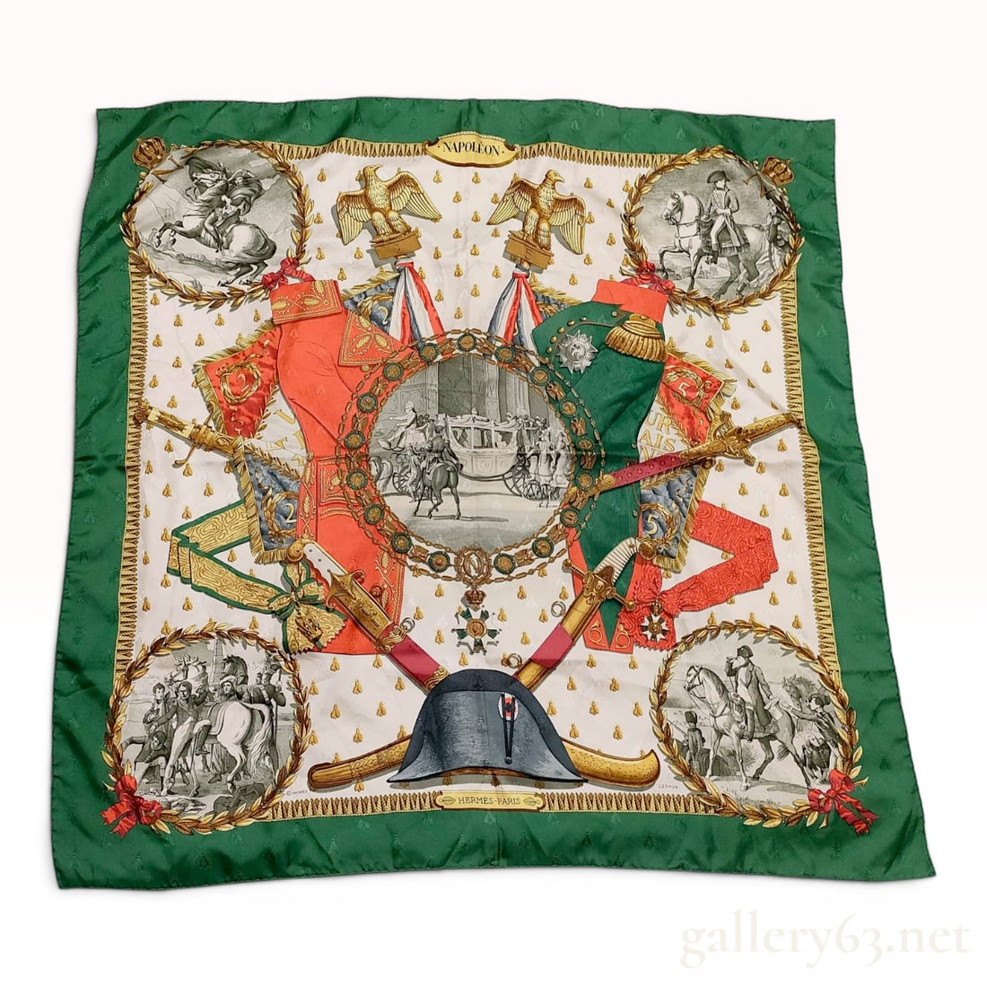 Hermes Napoleon Silk Jacquard Scarf by Philippe Ledoux: This Hermes silk carre features the Napoleon pattern designed by artist Philippe Ledoux. The scarf is constructed from silk jacquard fabric featuring a woven bee motif throughout the field and border.