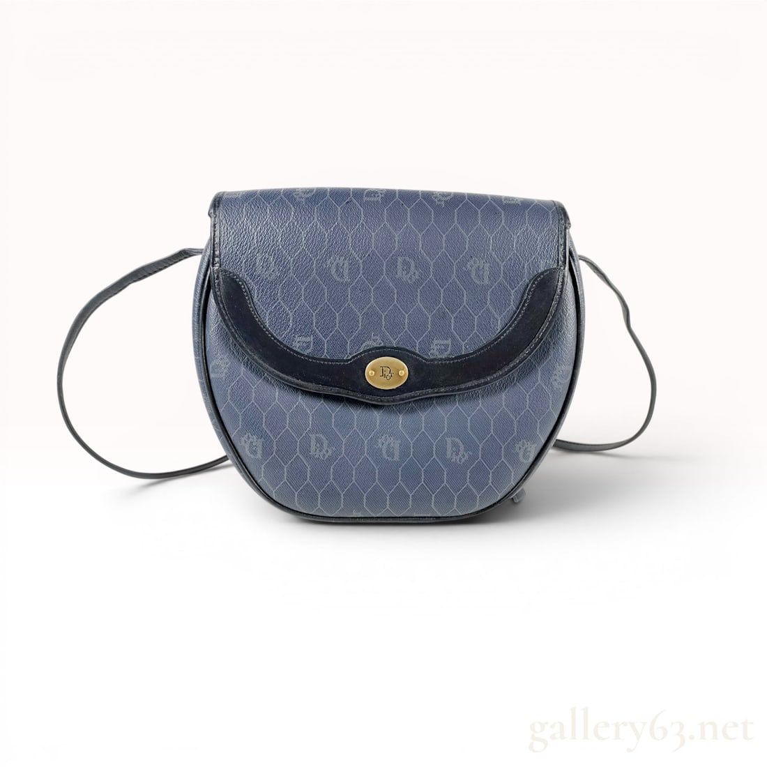 Christian Dior Honeycomb Monogram Coated Canvas Crossbody Bag: Christian Dior vintage crossbody bag featuring the signature honeycomb monogram pattern in gray-blue. The bag is constructed from coated canvas with navy blue leather trim and a thin leather shoulder 