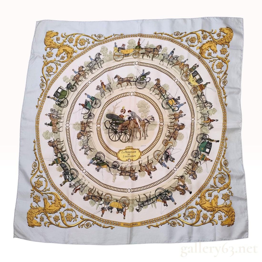 Hermes La Promenade de Longchamps Silk Scarf by Philippe Ledoux: A vintage Hermes silk twill scarf titled La Promenade de Longchamps, designed by the artist Philippe Ledoux. The design features a central medallion depicting a 19th-century carriage and riders, encir