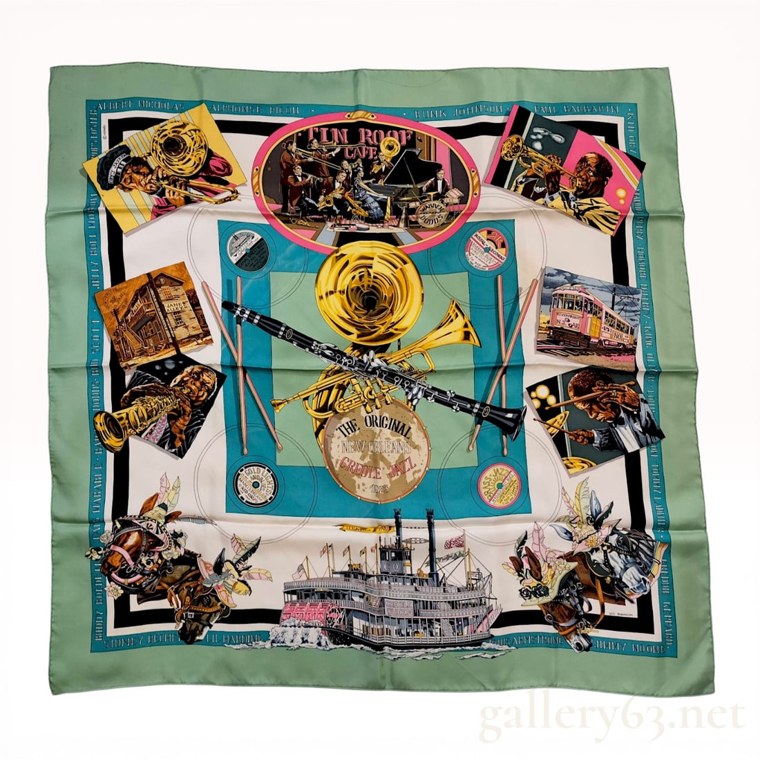 Hermes The Original New Orleans Creole Jazz Silk Scarf by Loic Dubigeon: Hermes silk scarf in the The Original New Orleans Creole Jazz pattern, designed by artist Loic Dubigeon. The 100% silk textile features a central collage of jazz musicians, instruments, and New Orlean