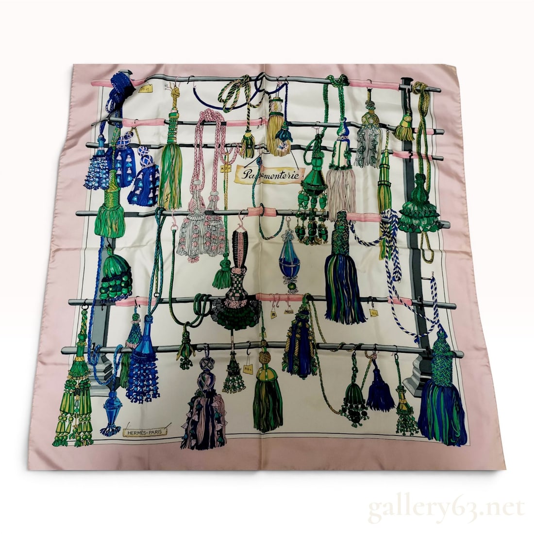 Hermes Passementerie Silk Scarf: A vintage Hermes silk twill scarf featuring the Passementerie pattern, originally designed by Francoise de la Perriere. The design depicts an array of intricate decorative tassels and cords suspended 