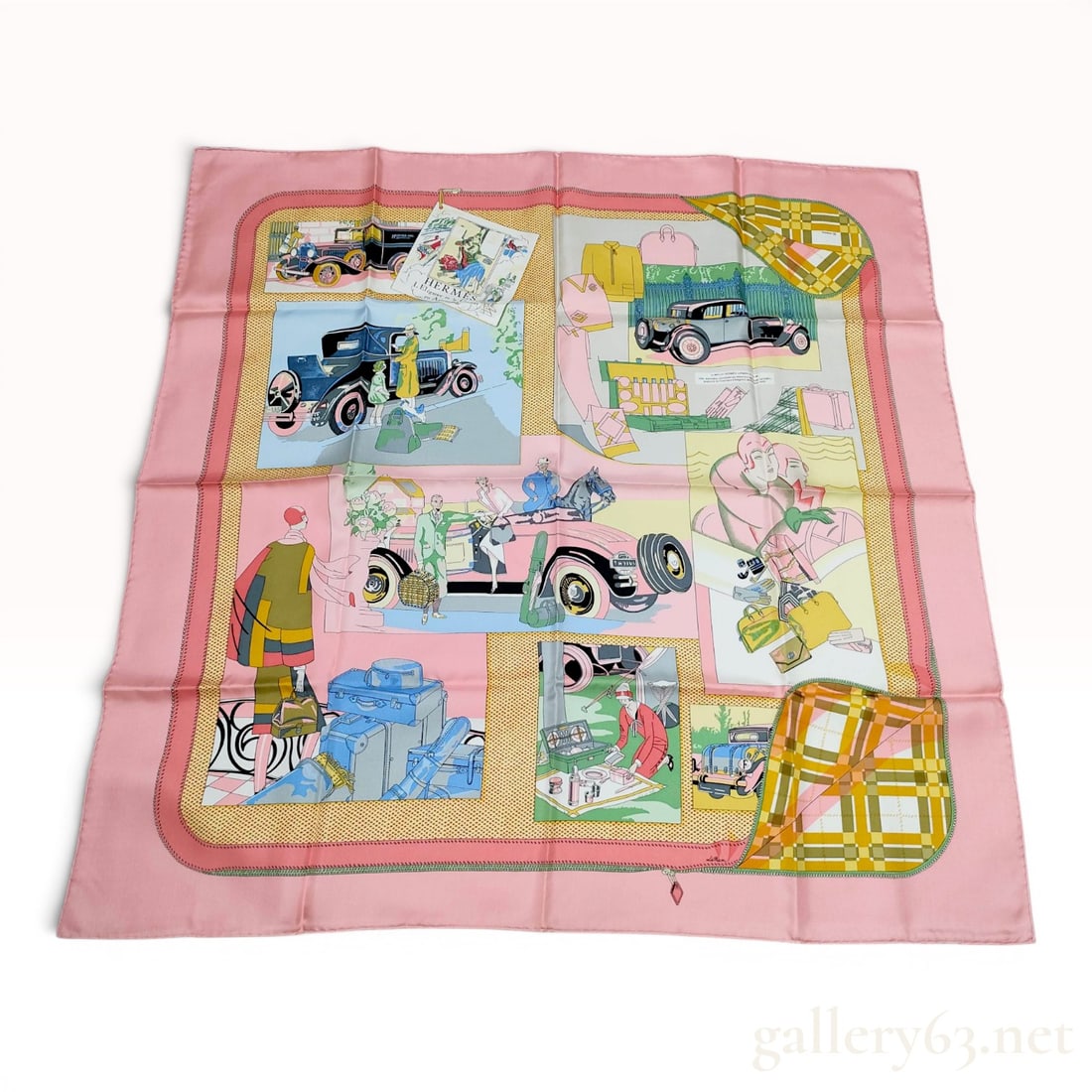Hermes Silk Carre Scarf L'Elegance et le Confort en Automobile by Caty Latham: An authentic Hermes silk twill scarf in the L'Elegance et le Confort en Automobile pattern designed by artist Caty Latham. The scarf features a pink border and a central field with a yellow and orange