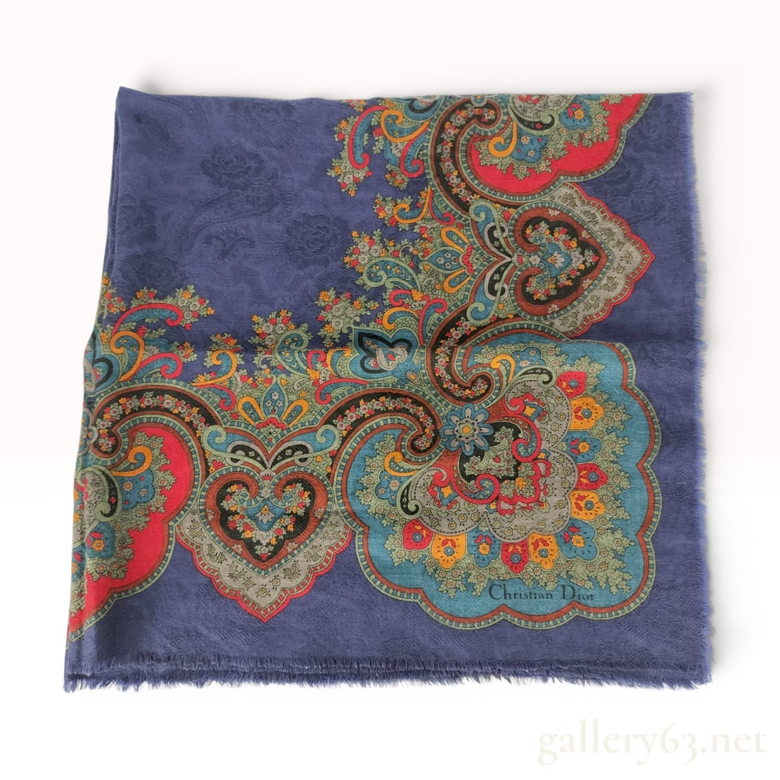 Christian Dior Navy Blue Damask and Paisley Border Square Scarf (1 of 10)