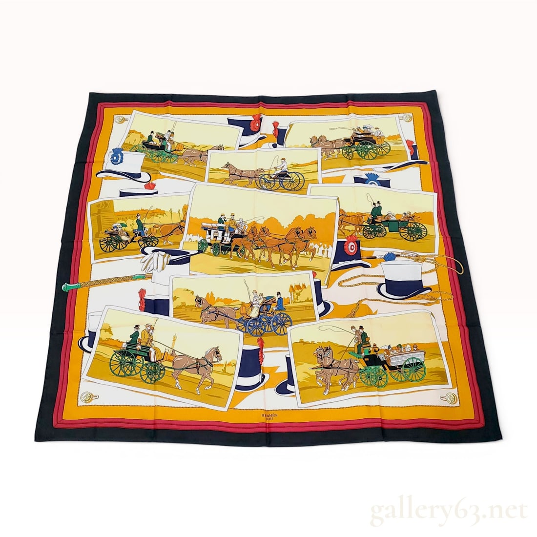 Hermes Silk Scarf Attelages Pattern: Hermes silk twill Carre 90 scarf in the Attelages pattern, originally designed by Joachim Metz. The design features various horse-drawn carriage vignettes interspersed with top hats and whips on a mus
