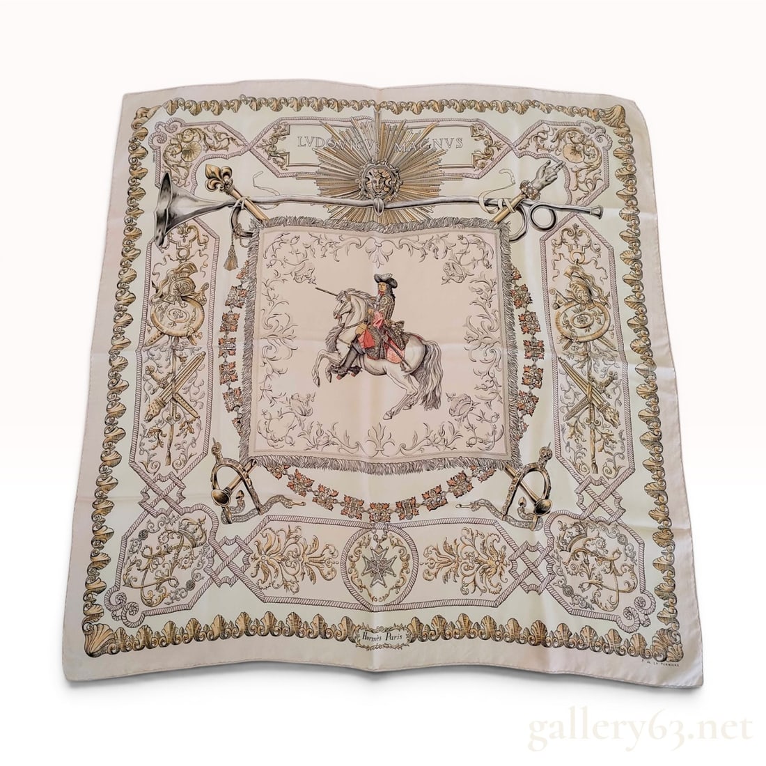 Hermes Ludovicus Magnus Silk Scarf Designed by Francoise de la Perriere: This Hermes 90cm silk twill Carre scarf features the Ludovicus Magnus (Louis the Great) pattern, designed by artist Francoise de la Perriere and originally issued in 1963. The design centers on an equ