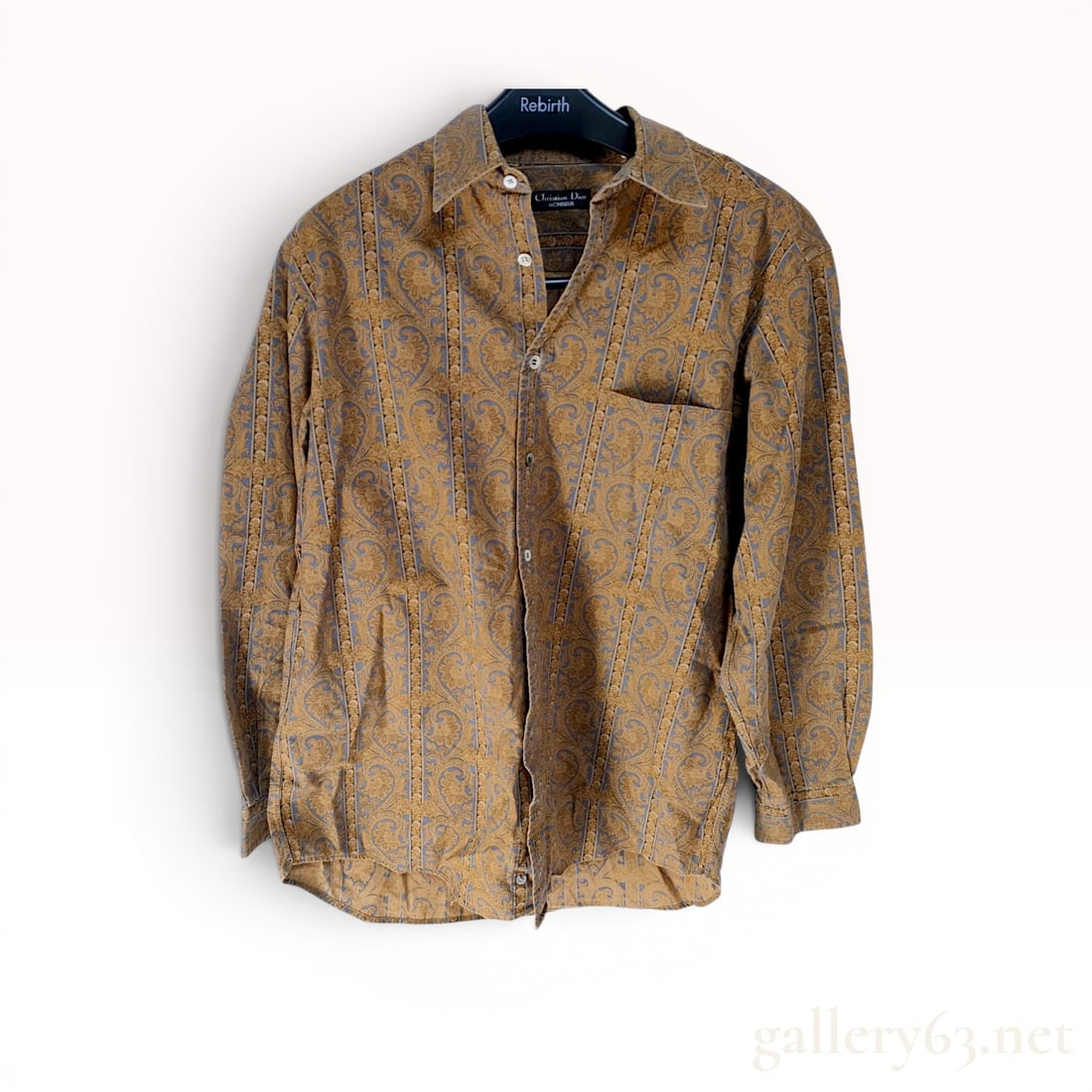Christian Dior Monsieur Vintage Paisley Long-Sleeve Button-Down Shirt: Christian Dior Monsieur vintage long-sleeve button-down shirt, circa late 20th century. The shirt features an intricate all-over vertical paisley and scrollwork pattern in ochre yellow and slate blue 