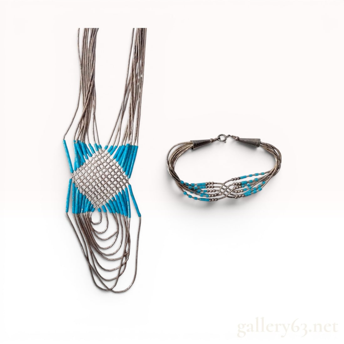 Two-Piece Vintage Southwest Sterling Liquid Silver and Turquoise Jewelry Set: Two-piece Southwest sterling silver and turquoise jewelry set signed Victor, late 20th century. The multi-strand liquid silver necklace features a woven bead lattice centerpiece with turquoise tube be