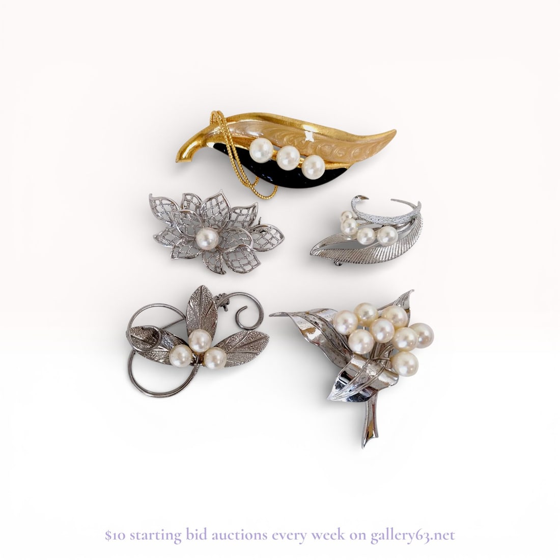 A Collection of Five Vintage Pearl and Botanical Brooches including Mikimoto: This collection of five botanical-themed brooches includes a sterling silver sprig brooch marked with the Mikimoto M-in-shield hallmark and an S for silver. The assortment features various leaf and fl