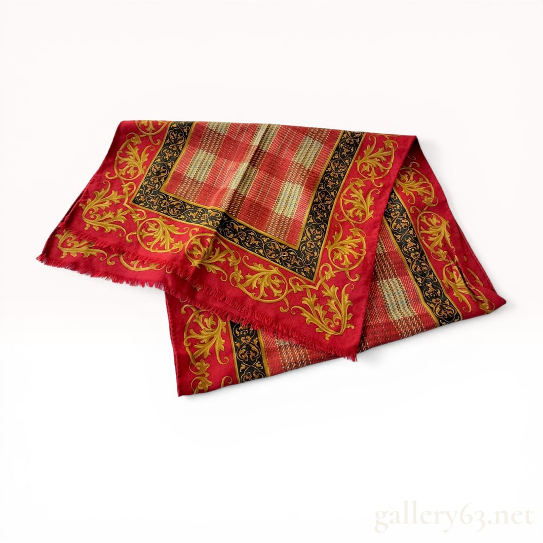 Etro Red Wool and Silk Scarf with Plaid and Acanthus Leaf Pattern: Italian rectangular scarf by Etro featuring a central red and cream plaid panel framed by a black scroll border and a wide red border with gold-toned acanthus leaf motifs. Crafted from a 70% wool and 