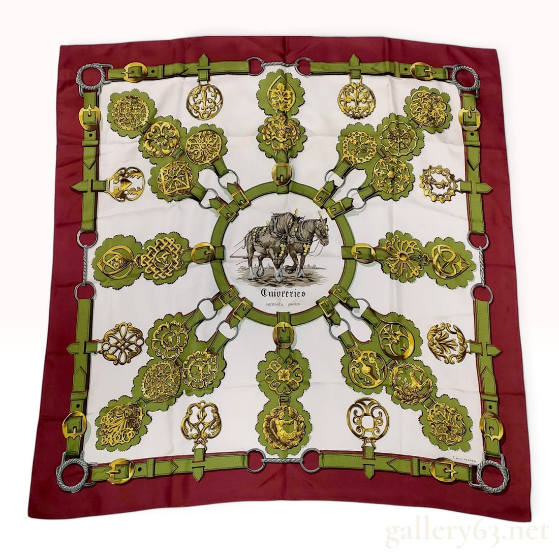 Hermes Cuivreries Silk Twill Scarf by Francoise de la Perriere: A vintage Hermes silk twill square scarf featuring the Cuivreries pattern, originally designed by artist Francoise de la Perriere in 1963. The design features a central illustration of two harnessed d