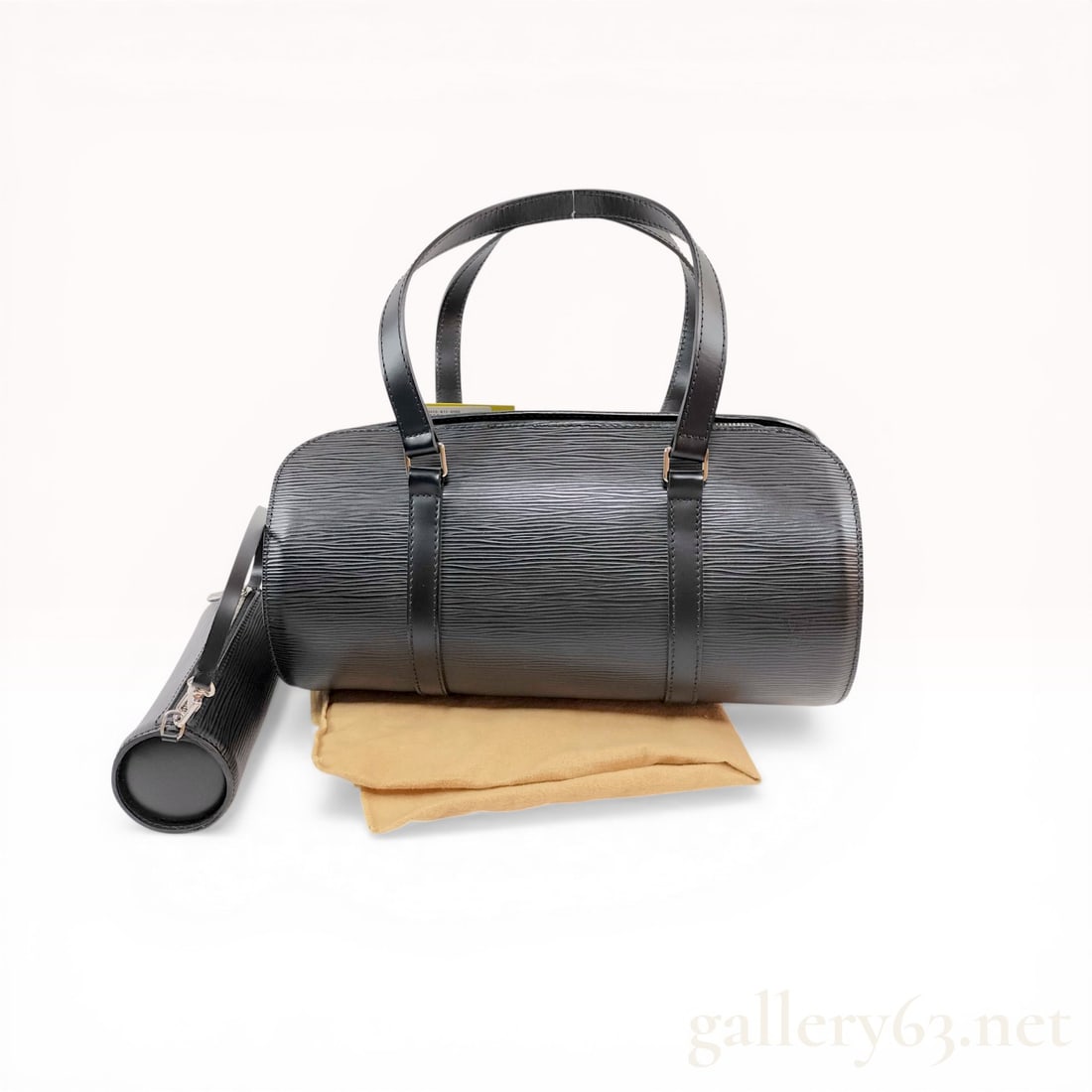 Louis Vuitton Black Epi Leather Soufflot Handbag with Matching Pouch: Louis Vuitton Soufflot handbag and matching pouch in black Epi leather, late 20th to early 21st century. The cylindrical barrel bag features two flat leather top handles with silver-tone rectangular r