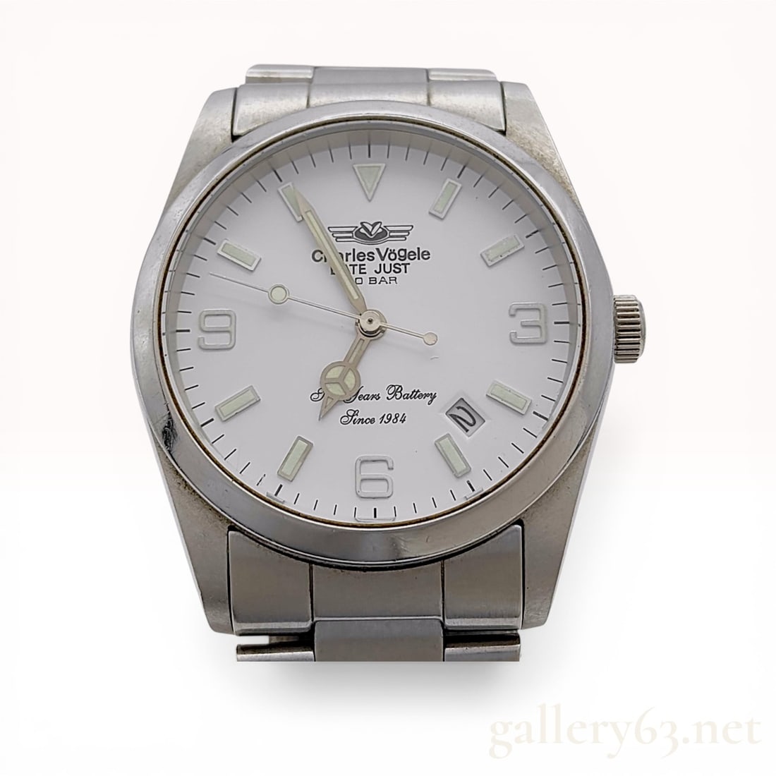 Charles Vogele Date Just Style Stainless Steel Quartz Wristwatch CV-7629: Charles Vogele Date Just style quartz wristwatch, reference CV-7629. The white dial features applied silver-tone Arabic numerals at 3, 6, and 9, luminescent baton indices, Mercedes-style hands, and a 