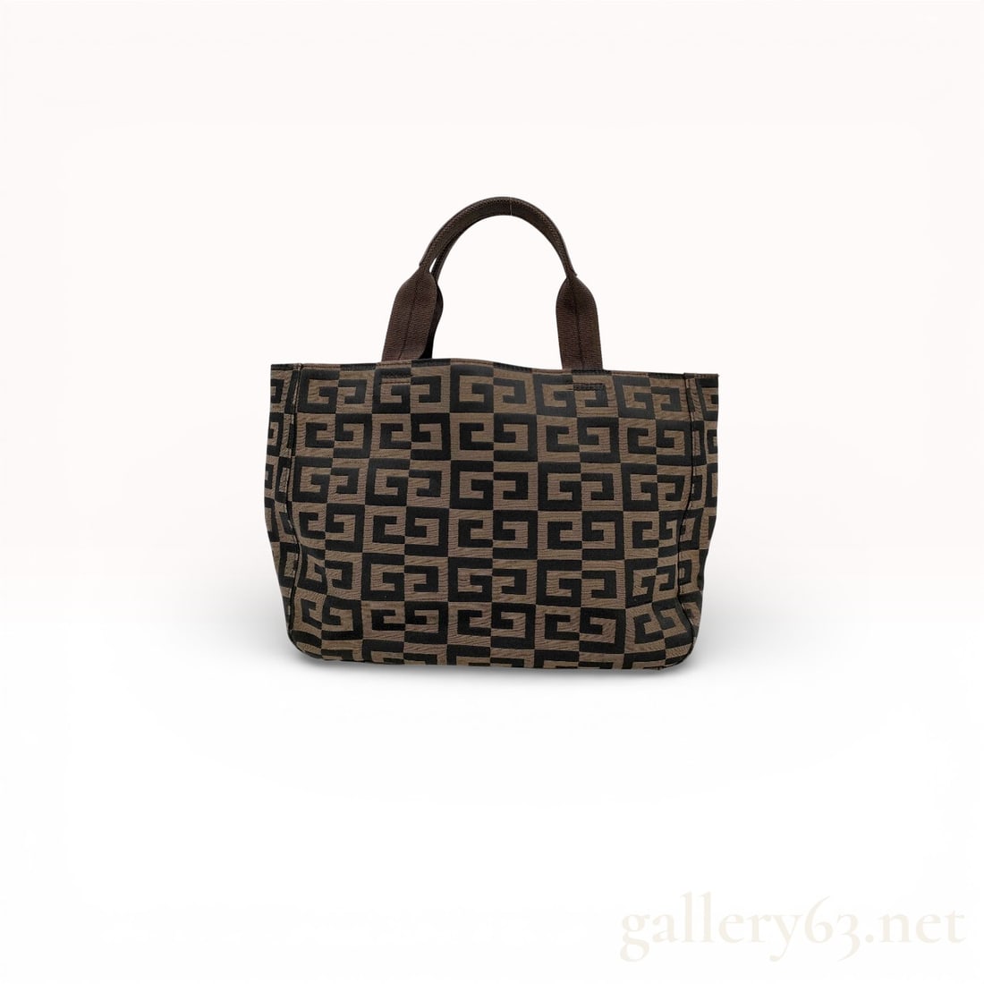 Givenchy Monogram Canvas Tote Bag: Givenchy tote bag featuring a brown and black 4G monogram jacquard canvas exterior. The structured design includes twin nylon webbing top handles with leather reinforcements and a brown fabric-lined i
