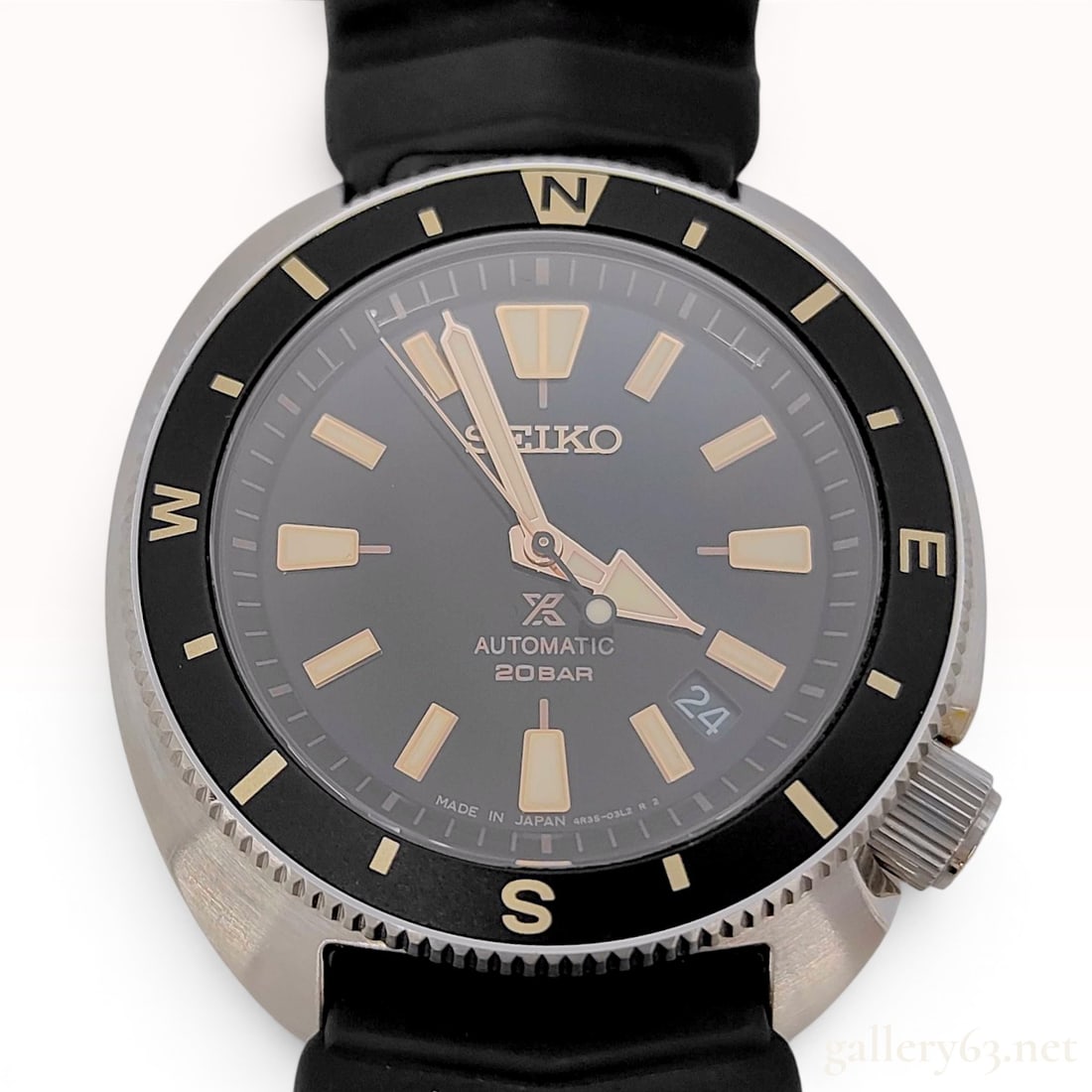 Seiko Prospex Tortoise Land Series Automatic Watch SBDY103: Seiko Prospex Tortoise Land Series automatic wristwatch, reference SBDY103. The watch features a stainless steel cushion-shaped case with a bidirectional rotating compass bezel with a black insert and