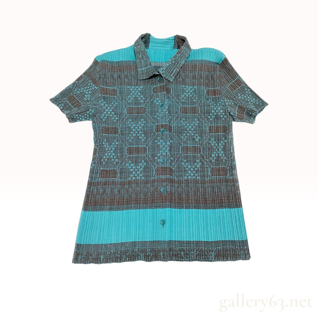 Pleats Please Issey Miyake Patterned Short-Sleeved Pleated Shirt: Pleats Please Issey Miyake short-sleeved button-front shirt featuring the brand's signature heat-set permanent pleating. The lightweight polyester fabric displays an abstract geometric grid pattern in
