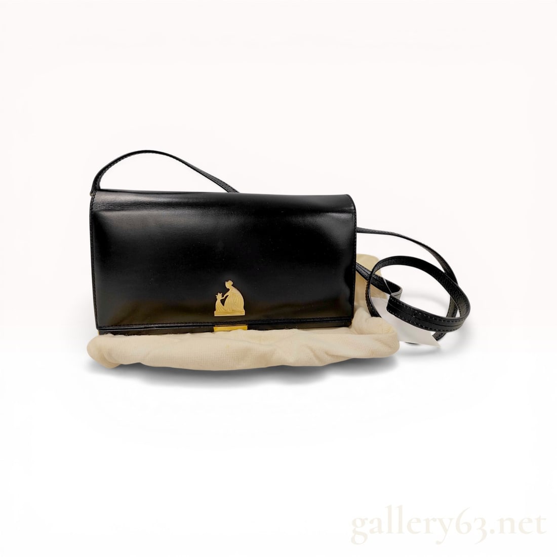 Vintage Lanvin Black Leather Mother and Child Envelope Shoulder Bag: Vintage Lanvin envelope-style shoulder bag, late 20th century. Constructed from smooth black leather with a textured leather interior, featuring a gold-tone Mother and Child logo emblem on the front f