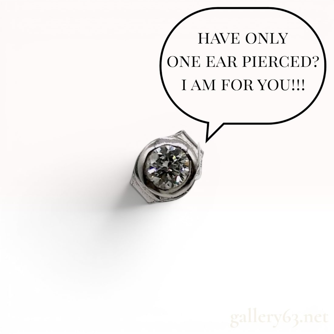 Single Platinum and Bezel Set Diamond Stud Earring: A single diamond stud earring featuring a bezel-set round brilliant cut diamond in a platinum mount. The jewelry piece is constructed with a straight post and includes a matching platinum butterfly fr