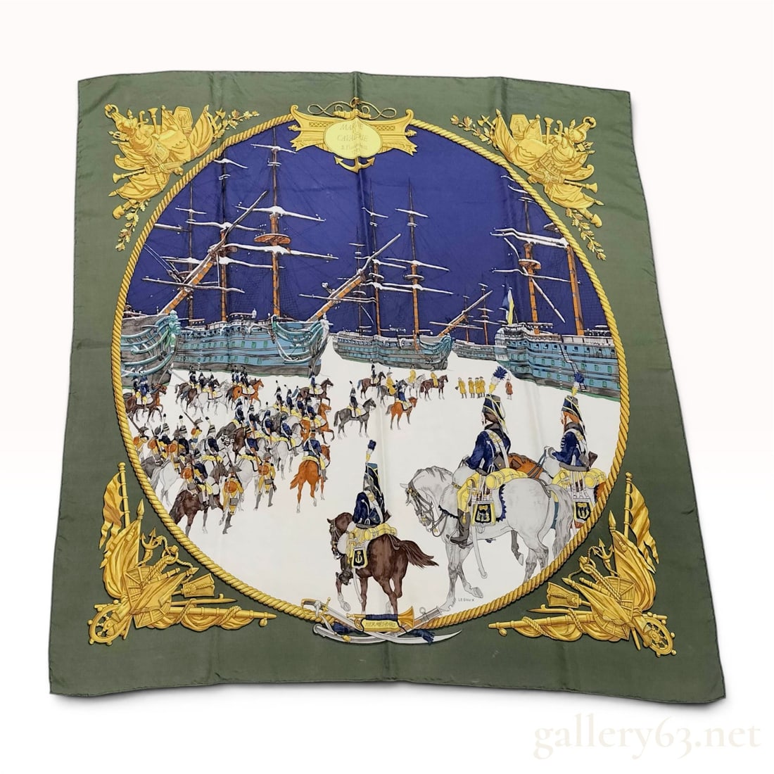 Hermes Marine et Cavalerie Silk Scarf by Philippe Ledoux: Hermes silk twill scarf in the Marine et Cavalerie pattern, designed by Philippe Ledoux and originally issued in 1967. The design features a central circular vignette of the 1795 capture of the Dutch 
