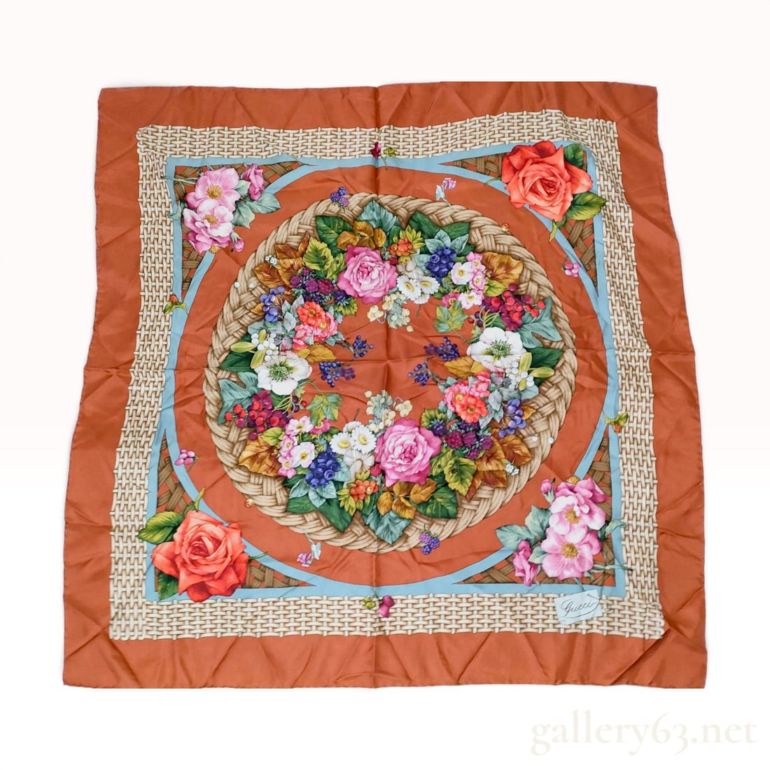 Gucci Floral Wreath and Wicker Print Silk Twill Scarf (1 of 7)