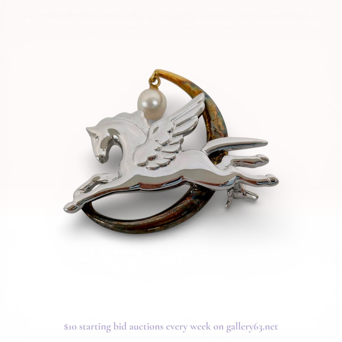 Mikimoto 18K Gold and Sterling Pegasus and Crescent Moon Pearl Brooch (1 of 6)