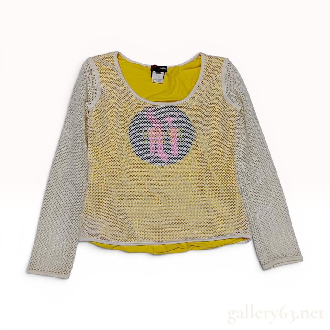 Versace Sport Layered Mesh Graphic Long Sleeve Top Size S: This long-sleeved top by Versace Sport features a layered, dual-fabric construction. The base layer is a bright yellow stretch jersey, while the outer layer is a cream-colored open-knit mesh. A centra