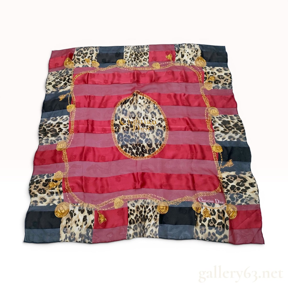 Christian Dior Vintage Leopard and Striped Silk Square Scarf: A vintage Christian Dior square silk scarf featuring a mixed-media pattern of horizontal stripes and leopard print. The design incorporates deep crimson, burgundy, charcoal, and gray bands intersperse