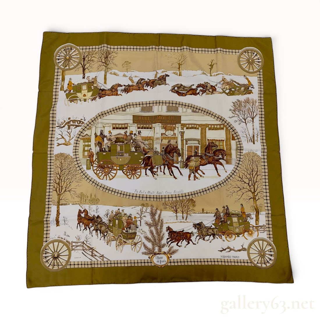 Hermes L'Hiver en Poste Silk Scarf by Philippe Ledoux: An Hermes 100% silk scarf titled L'Hiver en Poste (Winter Mail), designed by artist Philippe Ledoux. The design features a central oval medallion depicting a horse-drawn coach at the Bull & Mouth West