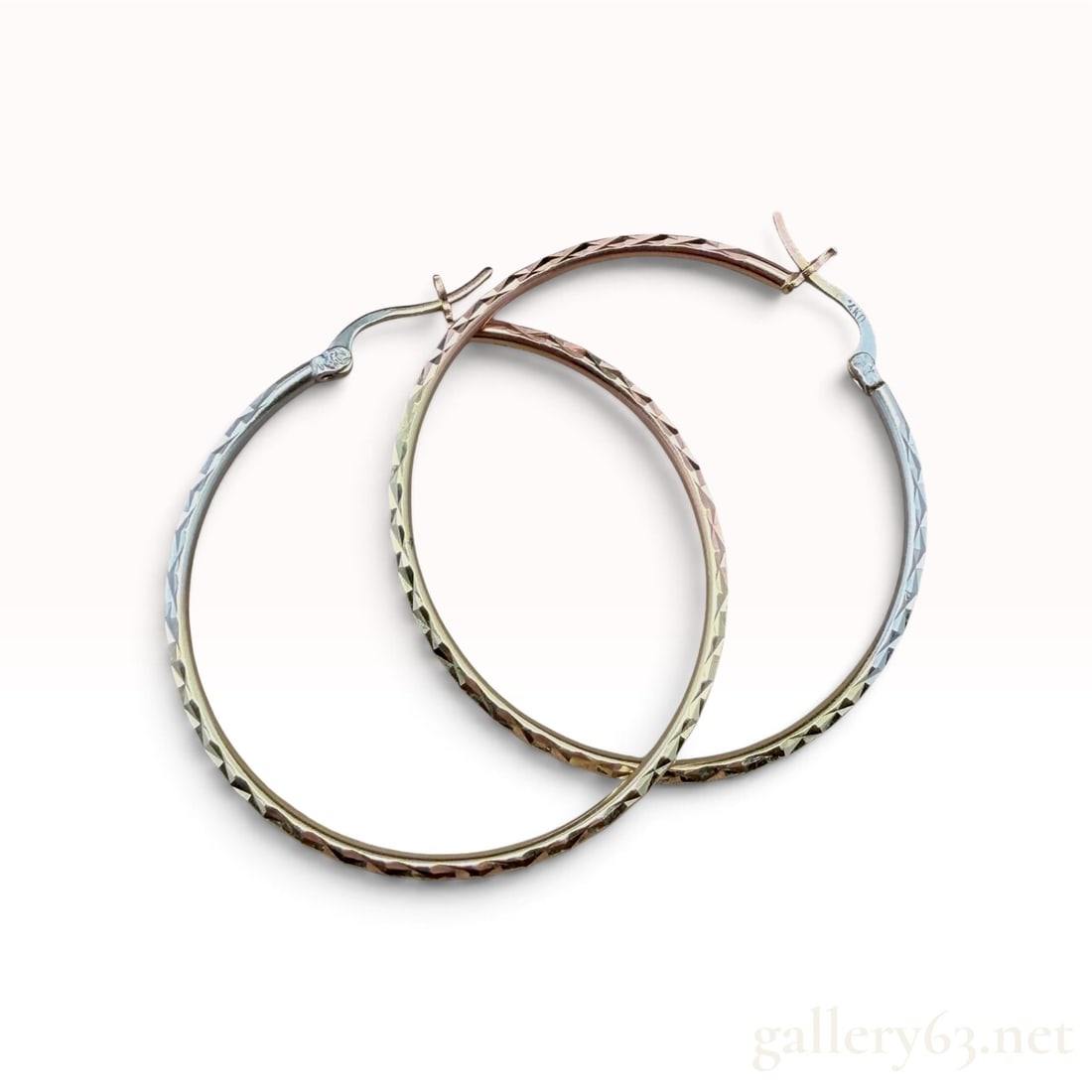 14k Tri-Tone Diamond Cut Hoops: The lot features a pair of 14k Tri-Tone Diamond Cut Hoops with 2.6 grams.