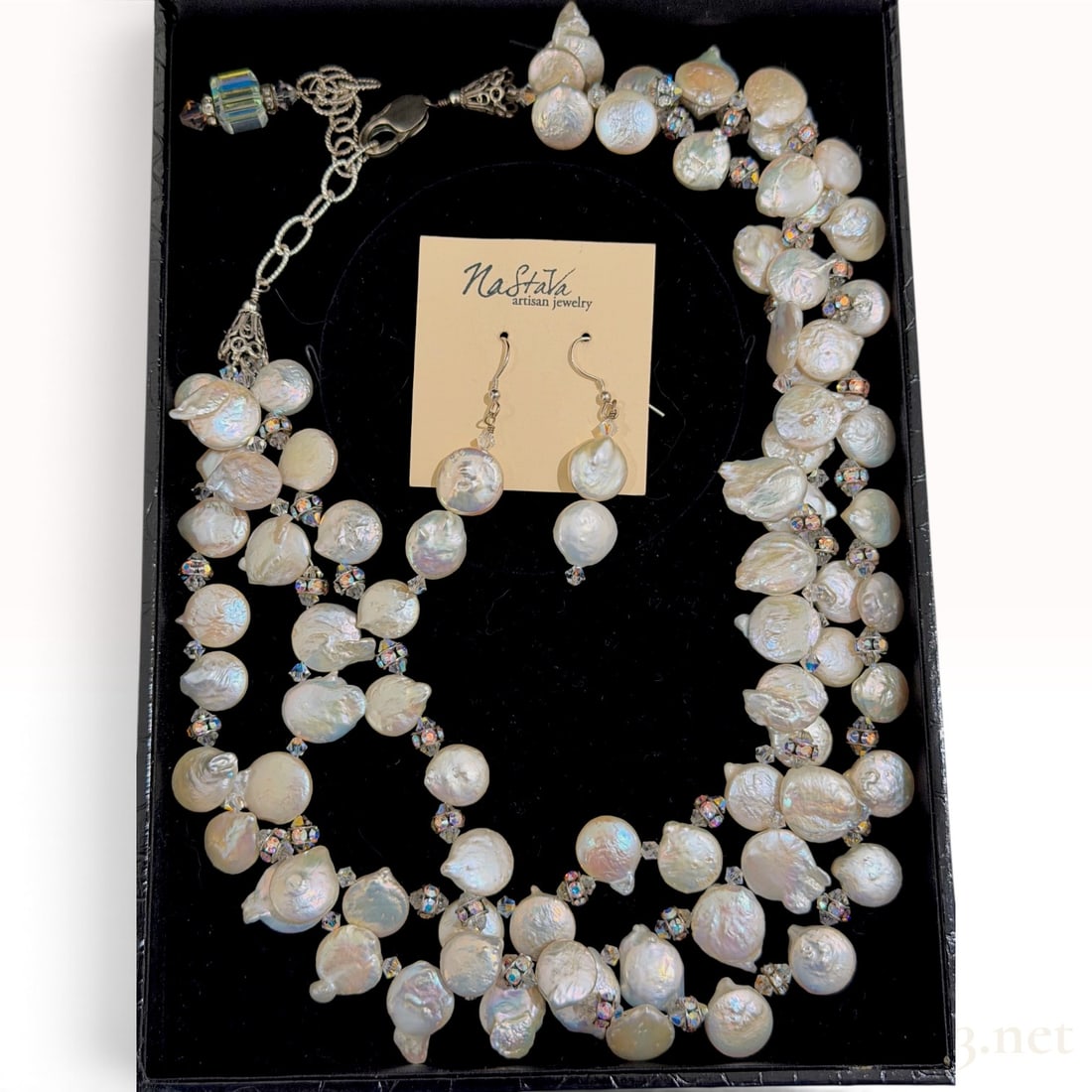 Estate Sterling Silver Coin Pearl Necklace & Earrings Set: The lot features a pair of Estate Sterling Silver Coin Pearl Necklace & Earrings Set with 138 grams Adjustable Length. It is offered in good condition.