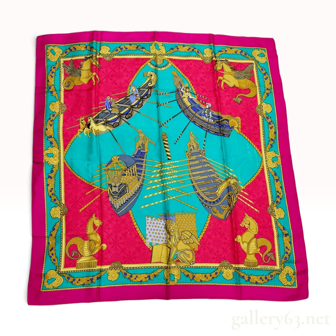 Hermes Les Bissones de Venise Silk Twill Scarf: An authentic Hermes silk twill scarf in the Les Bissones de Venise pattern, designed by artist Annie Faivre. The intricate design features a Venetian theme with ornate gondolas known as bissone, winge