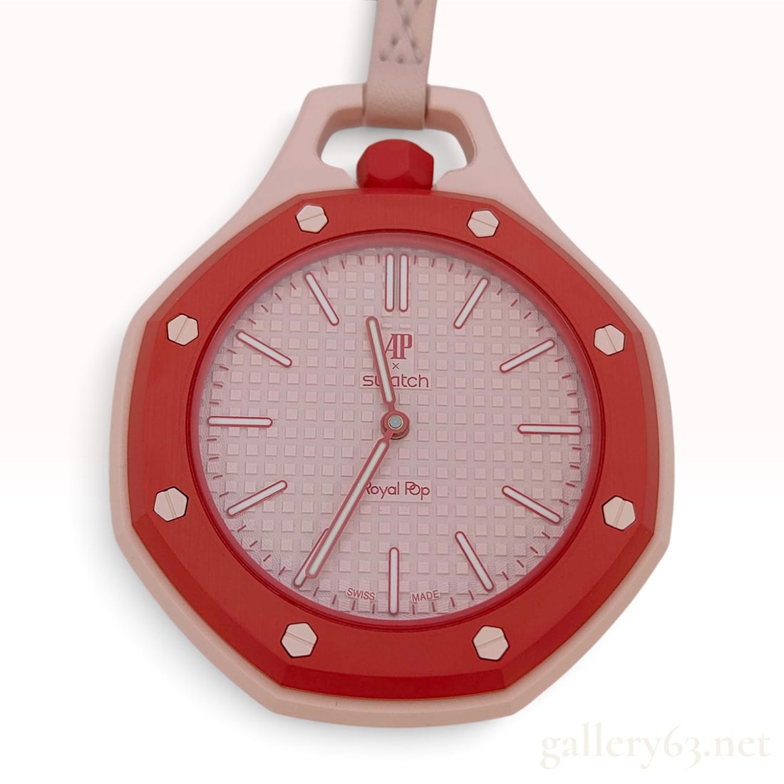Audemars Piguet x Swatch Royal Pop Otto Rosso Pink Composite Pendant Watch with Box: This item is in brand new condition. A collaborative timepiece between Audemars Piguet and Swatch, known as the Royal Pop Otto Rosso model. The watch features an octagonal pink composite case with a c